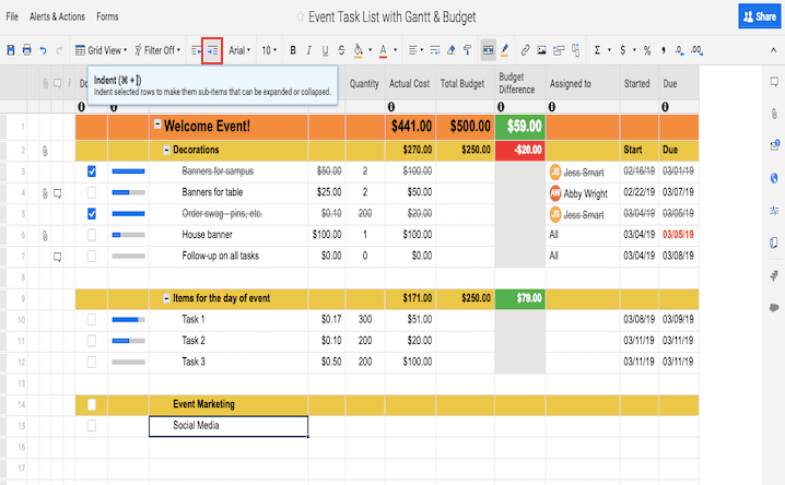 Indent Row to Create Subtask