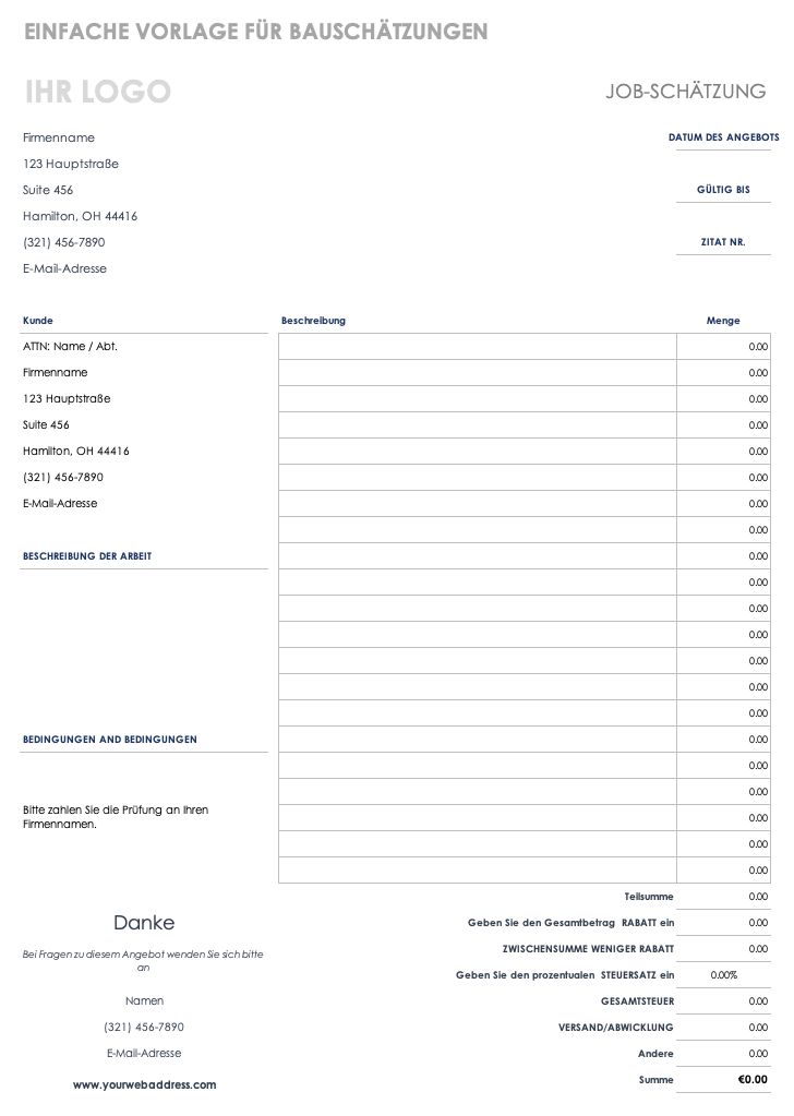 Simple Construction Estimate Template German