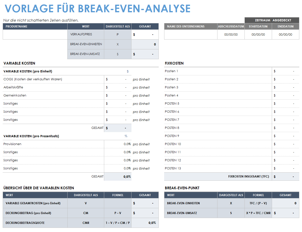  Vorlage für die Break-Even-Analyse