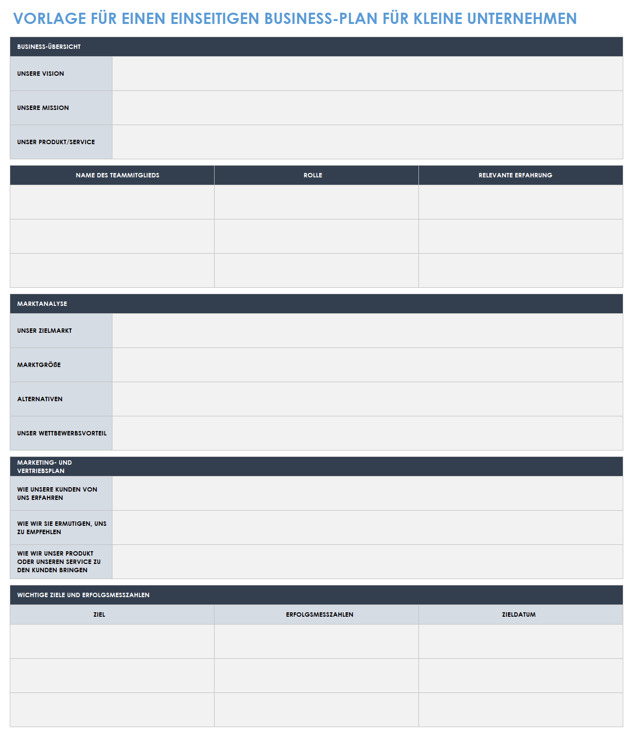 Vorlage für einen einseitigen Geschäftsplan für Kleinunternehmen