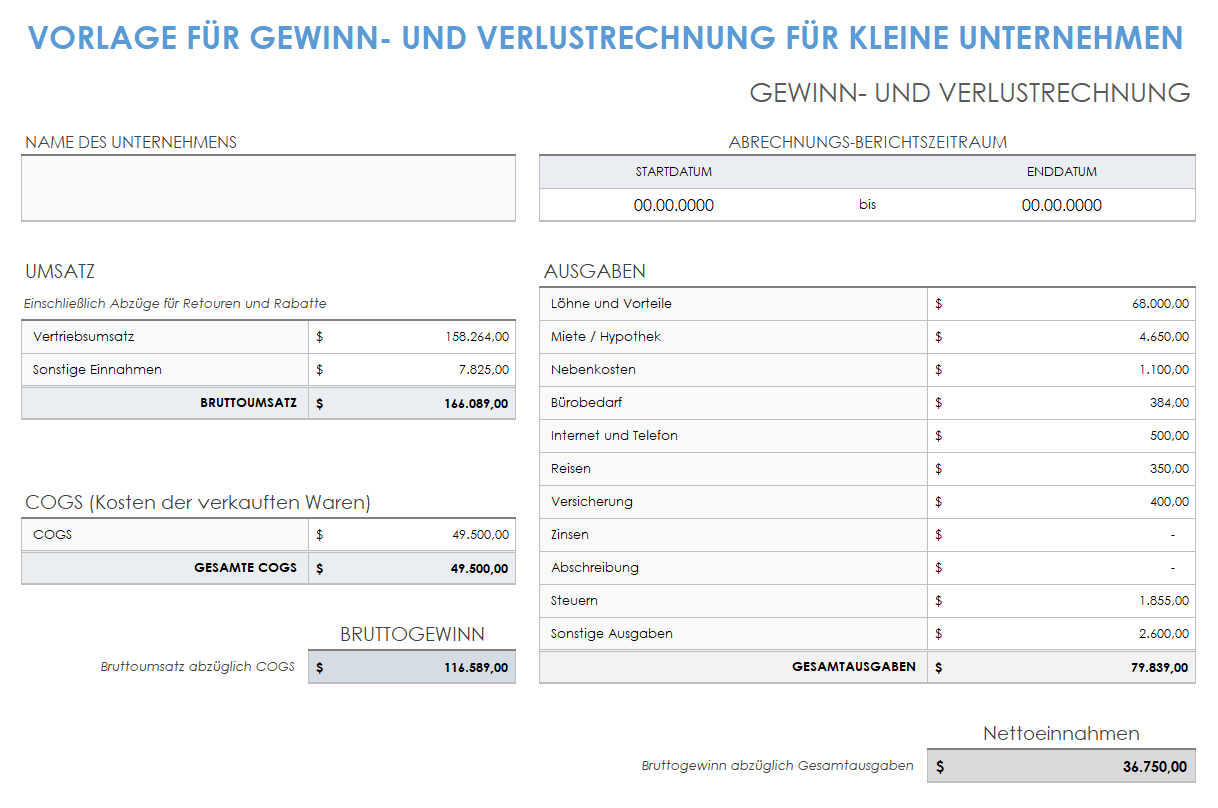 Vorlage für die Gewinn- und Verlustrechnung von Kleinunternehmen