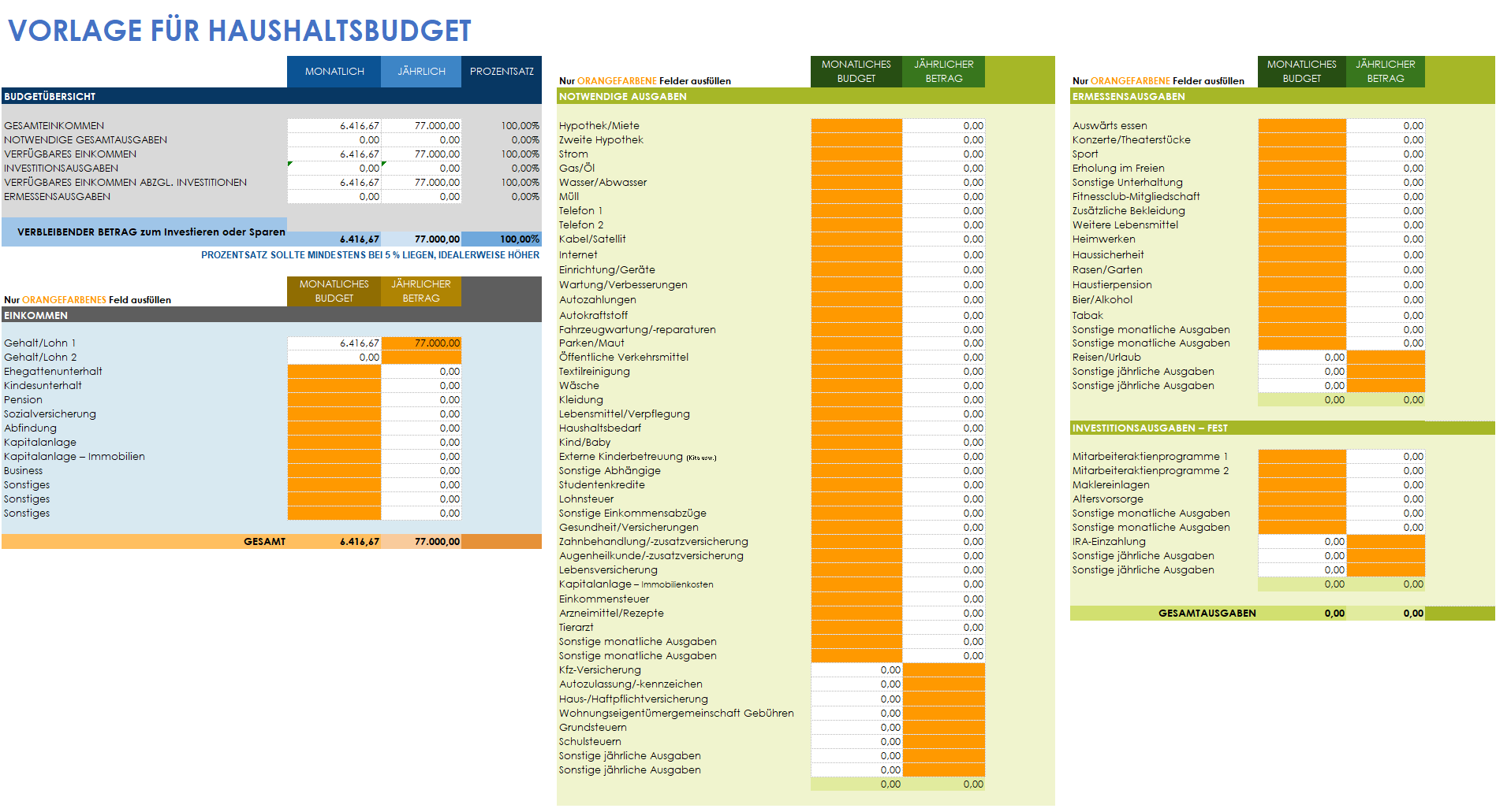 Vorlage für ein Haushaltsbudget