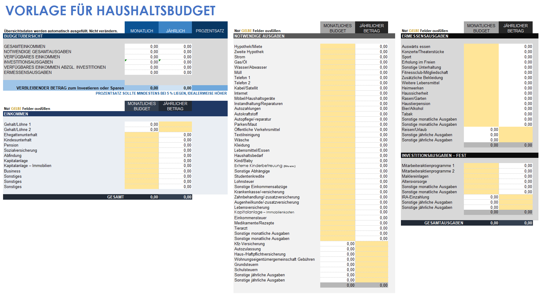 Vorlage für ein Haushaltsbudget