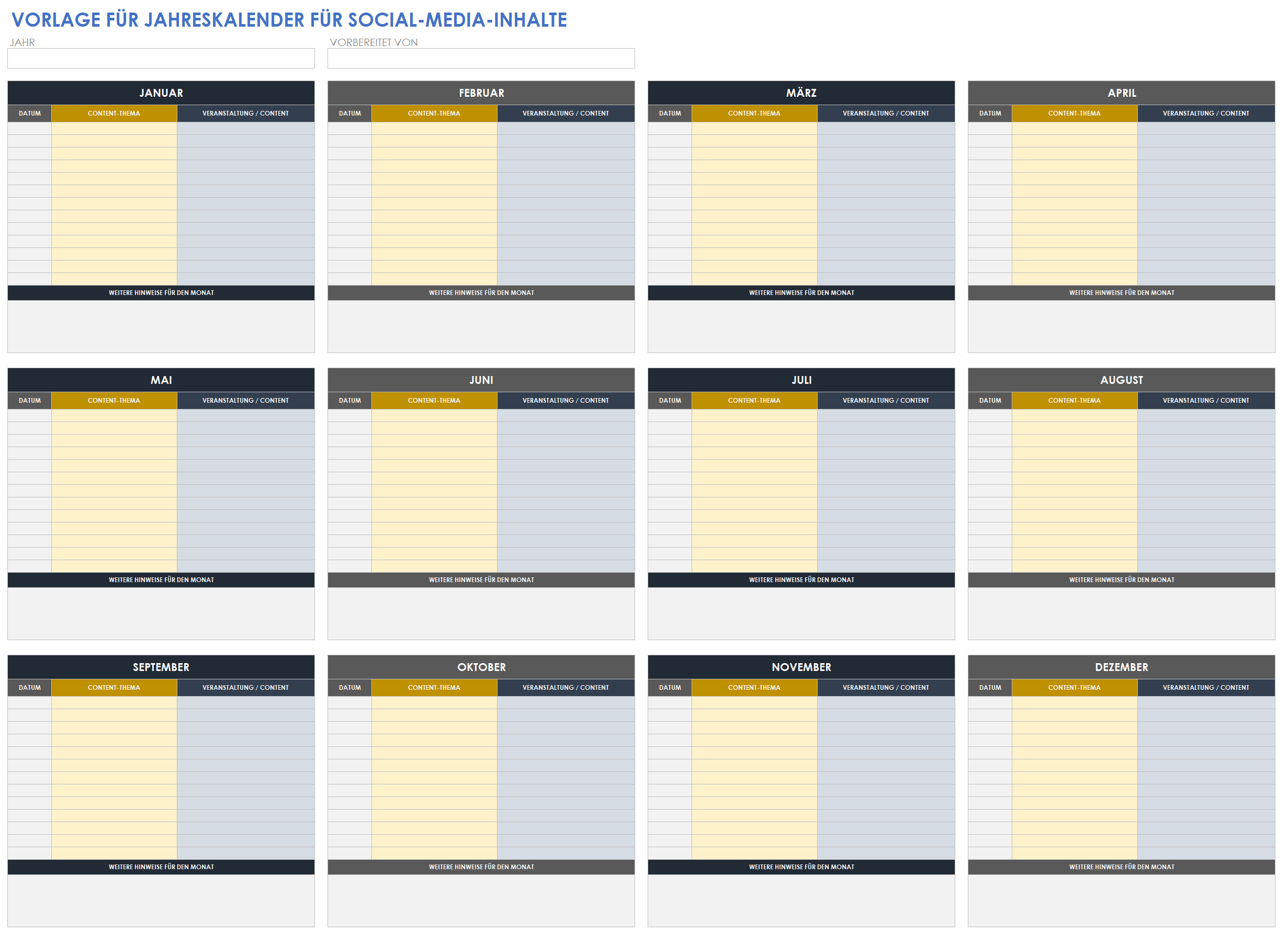 Jährliche Kalendervorlage für Social-Media-Inhalte