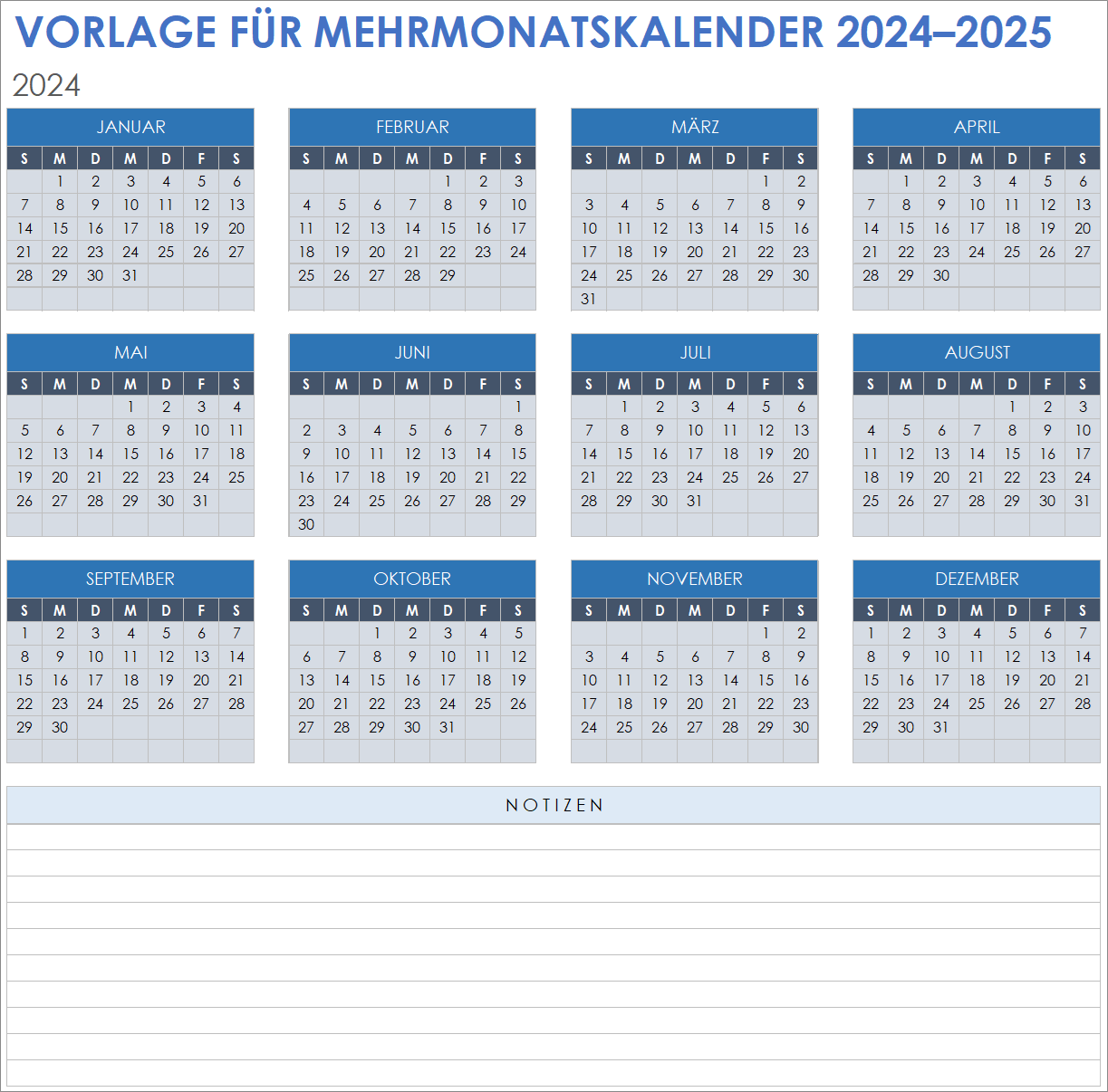  Vorlage für einen Mehrmonatskalender 2024–2025