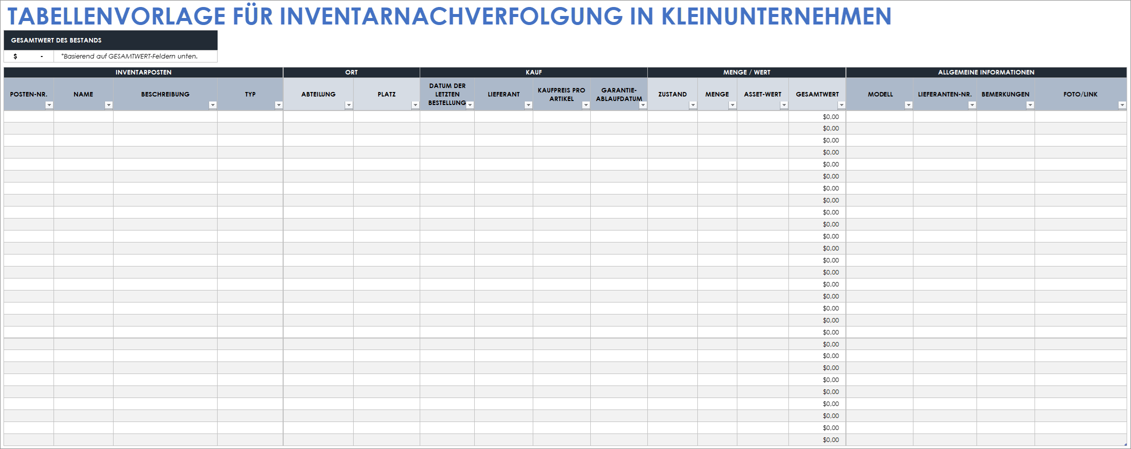  Vorlage für eine Tabelle zur Bestandsverfolgung für kleine Unternehmen