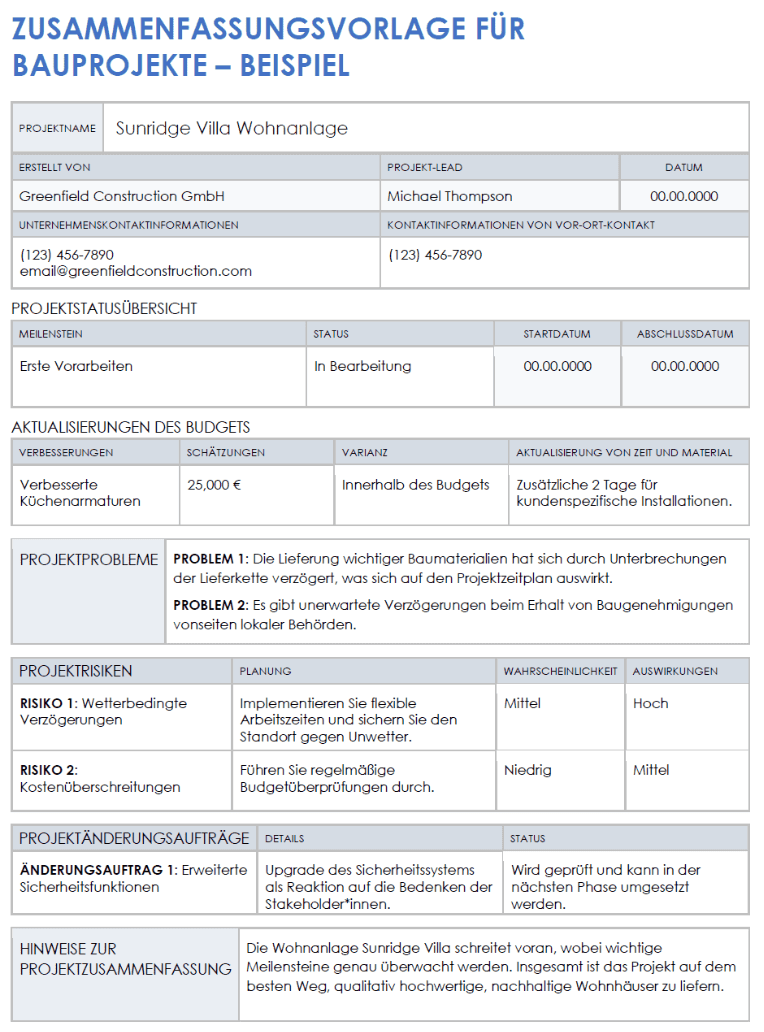  Beispiel für eine Vorlage für eine Zusammenfassung eines Bauprojekts