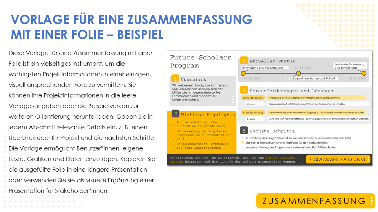  Beispiel für eine Executive Summary Vorlage für eine einzelne Folie