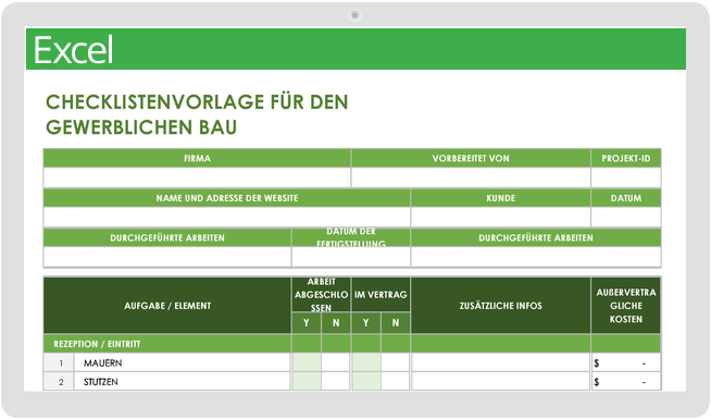 Vorlage für eine Checkliste für den gewerblichen Bau