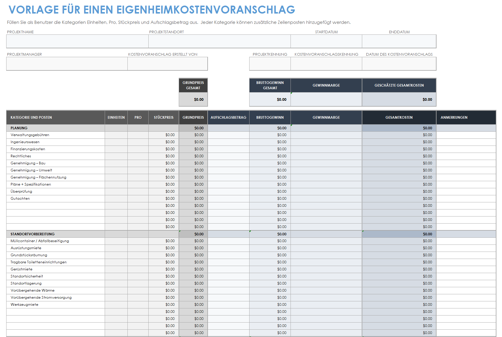  Vorlage für einen Kostenvoranschlag für den Neubau eines Hauses