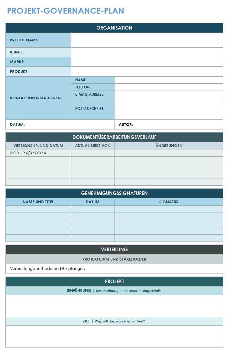 Vorlage für einen Projekt-Governance-Plan