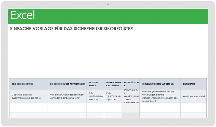 Einfache Vorlage für das Sicherheitsrisikoregister