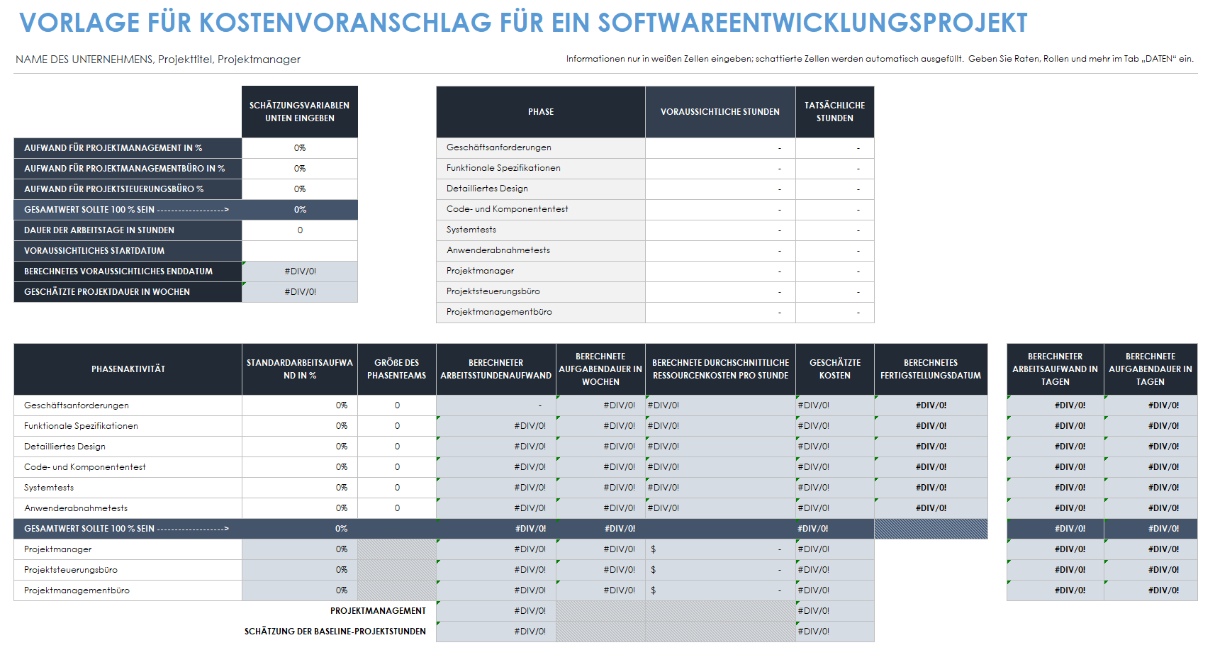 Vorlage für einen Kostenvoranschlag für ein Softwareentwicklungsprojekt