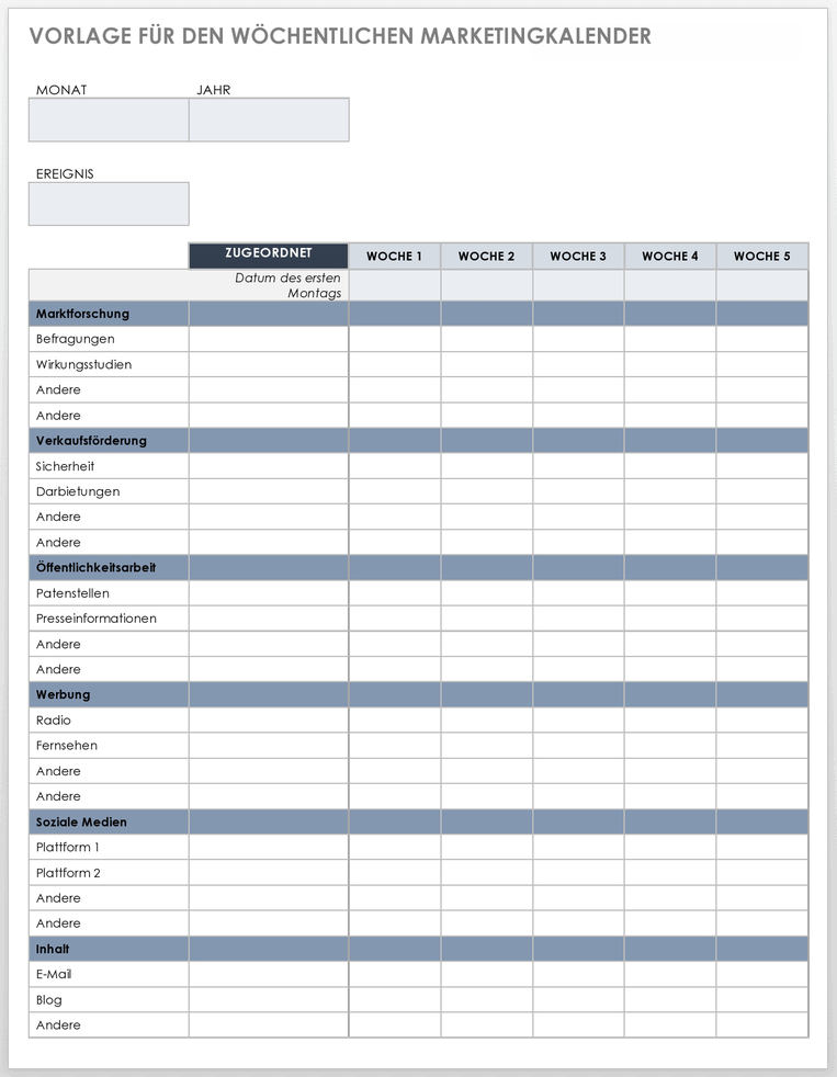  Wöchentliche Vorlage für Marketingkalender